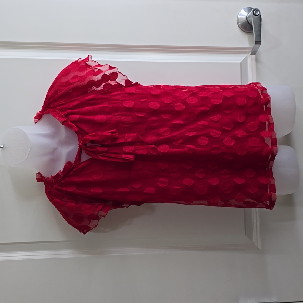 Shannon Ford NY, Women's Lipstick Red  XL‎ Polka Dot Lace Overlay Shirt Bowl Tie